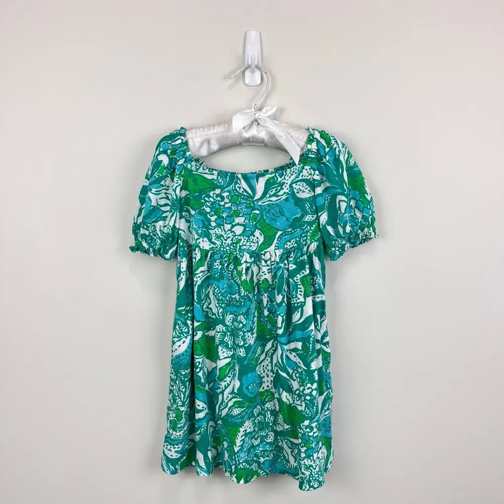 Lilly Pulitzer Girls Mini Delaney Dress Botanical Green Safari Sangria XS 2-3